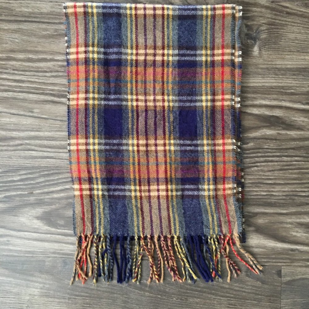 Cashmaire Blue Tan Red Plaid Fringe Scarf
